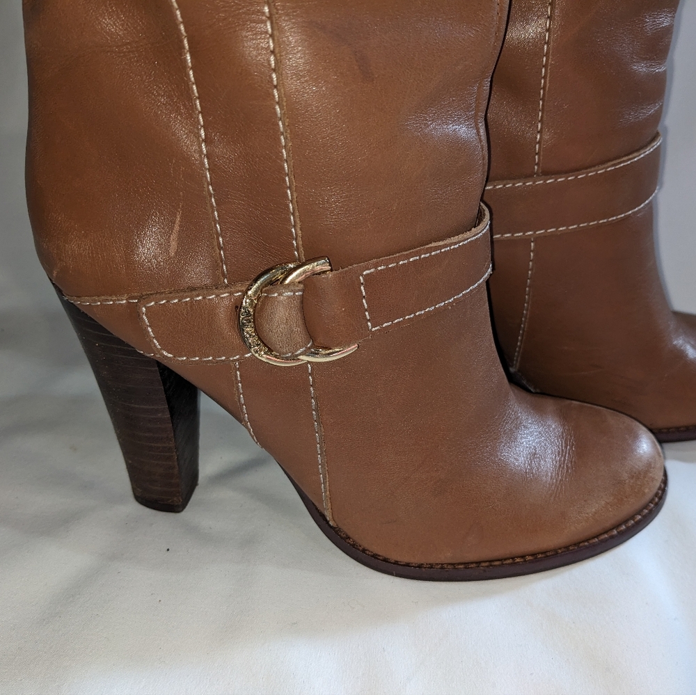 Lauren Ralph Lauren Heeled Tan Leather Boots with Buckle Size 7 - Picture 2 of 11